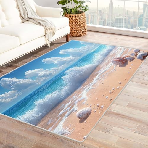 WIKEO Strand Kurzflor Teppich waschbar Natürliche Strandmuscheln pflegeleicht und robust fürs Wohnzimmer, Schlafzimmer und Kinderzimmer Badematte angenehm weich(Blau 55)-180x240cm von WIKEO