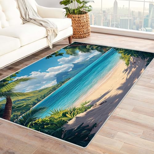 WIKEO Strand Kurzflor Teppich waschbar Natürliche Strandpflanzenlandschaft pflegeleicht und robust fürs Wohnzimmer, Schlafzimmer und Kinderzimmer Badematte angenehm weich(blau)-240x300cm von WIKEO