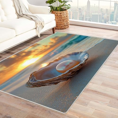 WIKEO Strand Kurzflor Teppich waschbar Natural Beach Shells Teppich pflegeleicht und robust fürs Wohnzimmer, Schlafzimmer und Kinderzimmer Badematte angenehm weich(Orange 100)-150x240cm von WIKEO