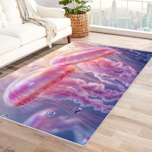 WIKEO Strand Kurzflor Teppich waschbar Niedliches Muster für Meerestiere pflegeleicht und robust fürs Wohnzimmer, Schlafzimmer und Kinderzimmer Badematte angenehm weich(Lila 46)-150x180cm von WIKEO