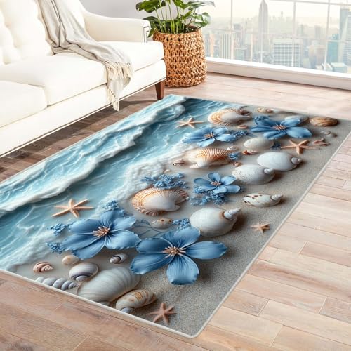 WIKEO Strand Kurzflor Teppich waschbar Ozean Blumen Muscheln pflegeleicht und robust fürs Wohnzimmer, Schlafzimmer und Kinderzimmer Badematte angenehm weich(blau)-210x300cm von WIKEO