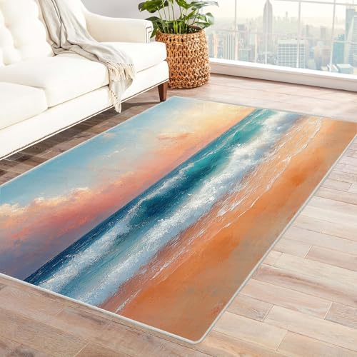 WIKEO Strand Kurzflor Teppich waschbar Ozean Natürliche Landschaft pflegeleicht und robust fürs Wohnzimmer, Schlafzimmer und Kinderzimmer Badematte angenehm weich(Rosa-18)-150x180cm von WIKEO