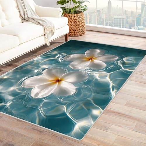 WIKEO Strand Kurzflor Teppich waschbar Schöne Blumen Am Strand pflegeleicht und robust fürs Wohnzimmer, Schlafzimmer und Kinderzimmer Badematte angenehm weich(Weiß 64)-90x150cm von WIKEO