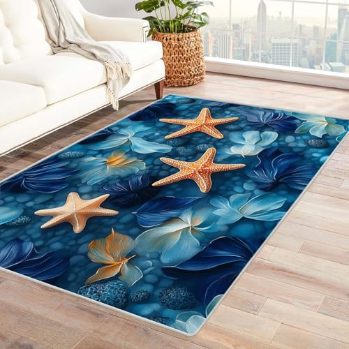 WIKEO Strand Kurzflor Teppich waschbar Schöne Muscheln Blumen pflegeleicht und robust fürs Wohnzimmer, Schlafzimmer und Kinderzimmer Badematte angenehm weich(blau)-150x240cm von WIKEO