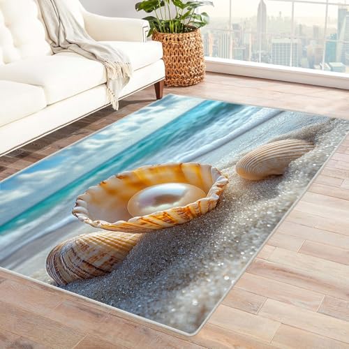 WIKEO Strand Kurzflor Teppich waschbar Schöne Strandmuscheln pflegeleicht und robust fürs Wohnzimmer, Schlafzimmer und Kinderzimmer Badematte angenehm weich(blau)-210x300cm von WIKEO