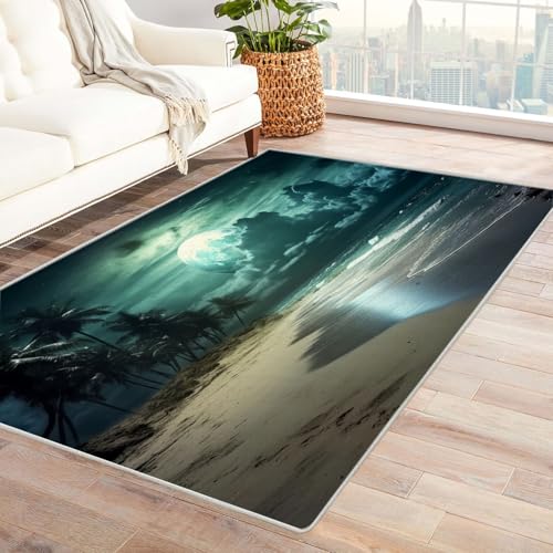 WIKEO Strand Kurzflor Teppich waschbar Schöner Strand bei Nacht Teppich pflegeleicht und robust fürs Wohnzimmer, Schlafzimmer und Kinderzimmer Badematte angenehm weich(grün)-210x270cm von WIKEO