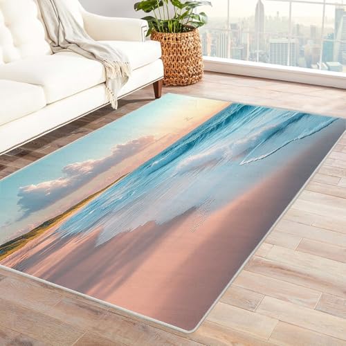 WIKEO Strand Kurzflor Teppich waschbar Schönes Meereslandschaftsmuster pflegeleicht und robust fürs Wohnzimmer, Schlafzimmer und Kinderzimmer Badematte angenehm weich(Orange 28)-150x180cm von WIKEO