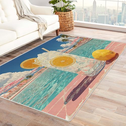 WIKEO Strand Kurzflor Teppich waschbar Strand Freizeit Obst Bilder pflegeleicht und robust fürs Wohnzimmer, Schlafzimmer und Kinderzimmer Badematte angenehm weich(Rosa-36)-120x180cm von WIKEO