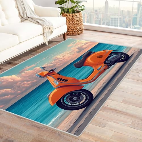 WIKEO Strand Kurzflor Teppich waschbar Strand Natürliche Landschaft Teppich pflegeleicht und robust fürs Wohnzimmer, Schlafzimmer und Kinderzimmer Badematte angenehm weich(Orange 73)-90x150cm von WIKEO