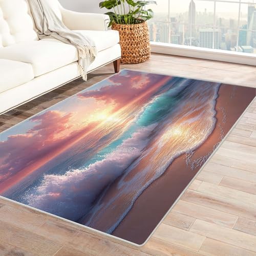 WIKEO Strand Kurzflor Teppich waschbar Sunset Beach Scenery Teppich Muster pflegeleicht und robust fürs Wohnzimmer, Schlafzimmer und Kinderzimmer Badematte angenehm weich(rosa)-150x210cm von WIKEO