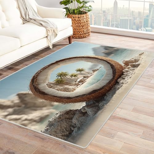 WIKEO Strand Moderner Kuscheliger Wohnzimmer Teppich Abstraktes Strandbaum Poster Kurzflor waschbar Weich stilvoll rutschfest pflegeleicht,für Büro Esszimmer Kinderzimmer(Blau-58)-150x210cm von WIKEO