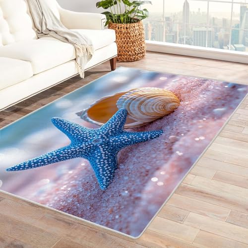 WIKEO Strand Moderner Kuscheliger Wohnzimmer Teppich Rosa Strandmuscheln Teppich Kurzflor waschbar Weich stilvoll rutschfest pflegeleicht,für Büro Esszimmer Kinderzimmer(Lila 105)-150x210cm von WIKEO