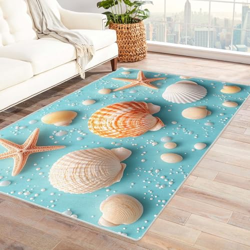 WIKEO Strand Moderner Kuscheliger Wohnzimmer Teppich Strand Bunte Muscheln Teppich Kurzflor waschbar Weich stilvoll rutschfest pflegeleicht,für Büro Esszimmer Kinderzimmer(Gelb 33)-60x90cm von WIKEO