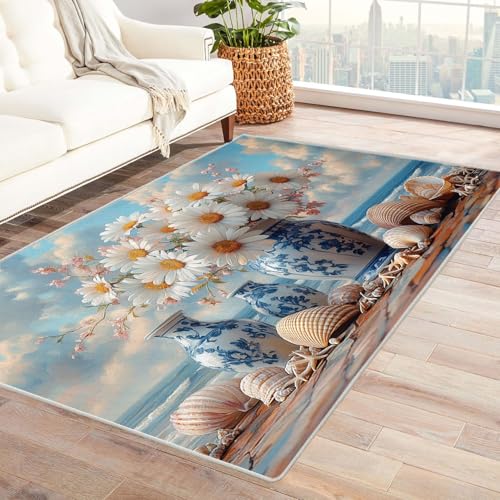 WIKEO Strand Moderner Kuscheliger Wohnzimmer Teppich Strand schöne Blumen Kurzflor waschbar Weich stilvoll rutschfest pflegeleicht,für Büro Esszimmer Kinderzimmer(weiß)-210x270cm von WIKEO