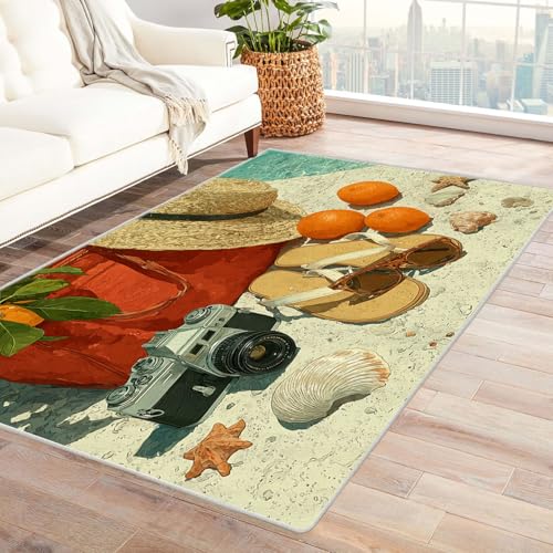 WIKEO Strand Teppich Wohnzimmer Schlafzimmer Beach Shells Fruit Teppich Vintage Kurzflor Groß rutschfest Teppiche,Waschbar Weiche für Esszimmer Foyer Kinderzimmer Küche(Rot-88)-210x270cm von WIKEO