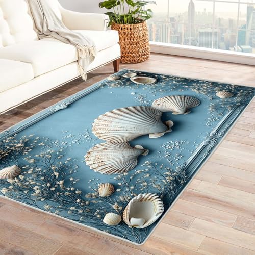 WIKEO Strand Teppich Wohnzimmer Schlafzimmer Vintage Ocean Shells Muster Vintage Kurzflor Groß rutschfest Teppiche,Waschbar Weiche für Esszimmer Foyer Kinderzimmer Küche(Blau 84)-180x240cm von WIKEO