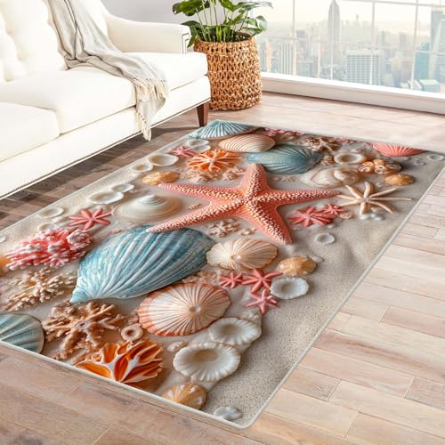 WIKEO Strand Waschbarer Modern Teppich Wohnzimmer Niedliche Muscheln am Strand Kurzflor weicher Bodenbelag fürs Esszimmer,Kinderzimmer, Schlafzimmer und die Küche geeignet(rosa)-240x300cm von WIKEO