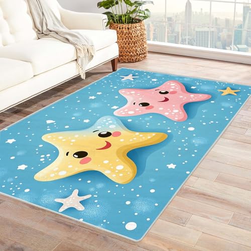 WIKEO Strand Waschbarer Modern Teppich Wohnzimmer Niedliches Cartoon Ozean Muster Kurzflor weicher Bodenbelag fürs Esszimmer,Kinderzimmer, Schlafzimmer und die Küche geeignet(Gelb 14)-210x300cm von WIKEO