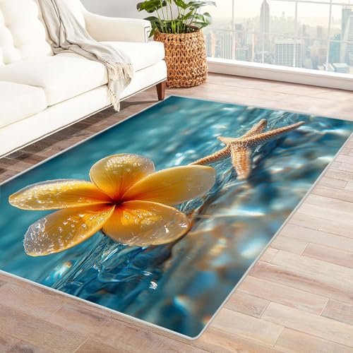 WIKEO Strand Waschbarer Modern Teppich Wohnzimmer Ozean Blumen Muscheln Kurzflor weicher Bodenbelag fürs Esszimmer,Kinderzimmer, Schlafzimmer und die Küche geeignet(Gelb)-240x300cm von WIKEO