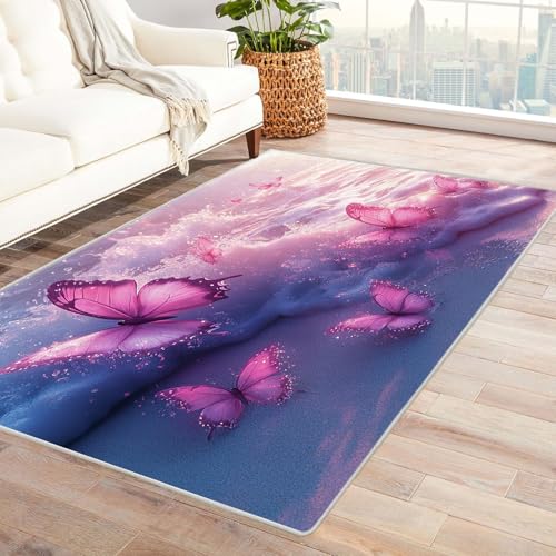 WIKEO Strand Waschbarer Modern Teppich Wohnzimmer Schöne Strandtiere Kurzflor weicher Bodenbelag fürs Esszimmer,Kinderzimmer, Schlafzimmer und die Küche geeignet(Lila 59)-150x210cm von WIKEO
