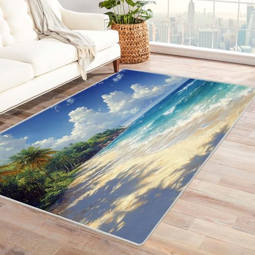 WIKEO Strand Waschbarer Modern Teppich Wohnzimmer Schöner Beach Plant Teppich Kurzflor weicher Bodenbelag fürs Esszimmer,Kinderzimmer, Schlafzimmer und die Küche geeignet(Blau 5)-150x210cm von WIKEO