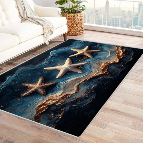 WIKEO Teppich Strandmotiv Wohnzimmer Kurzflor Abstrakter Beach Shells Teppich Modern Schlafzimmer rutschfest, Waschbar, Wohnzimmerteppich, Flauschig, Kuschelig, Hoch-Tief-Effekt(Blau 89)-150x240cm von WIKEO
