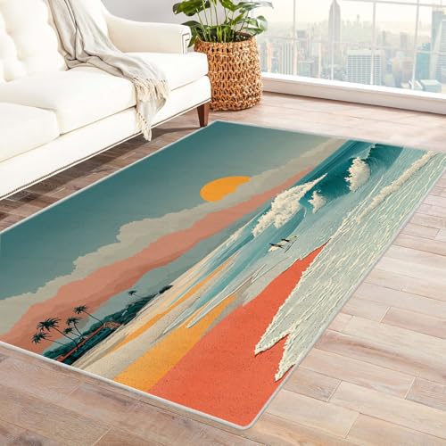 WIKEO Teppich Strandmotiv Wohnzimmer Kurzflor Bunter Strand Sonnenuntergang Baum Modern Schlafzimmer rutschfest, Waschbar, Wohnzimmerteppich, Flauschig, Kuschelig, Hoch-Tief-Effekt(Blau-74)-90x150cm von WIKEO