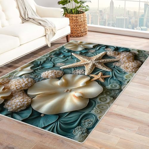 WIKEO Teppich Strandmotiv Wohnzimmer Kurzflor Meereslebewesen Blumen Tiere Modern Schlafzimmer rutschfest, Waschbar, Wohnzimmerteppich, Flauschig, Kuschelig, Hoch-Tief-Effekt(beige)-60x90cm von WIKEO
