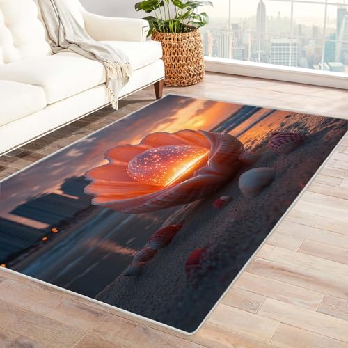 WIKEO Teppich Strandmotiv Wohnzimmer Kurzflor Natürliches Strandmuscheln-Muster Modern Schlafzimmer rutschfest, Waschbar, Wohnzimmerteppich, Flauschig, Kuschelig, Hoch-Tief-Effekt(Orange 44)-150x210cm von WIKEO