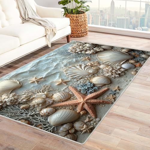 WIKEO Teppich Strandmotiv Wohnzimmer Kurzflor Vintage Strandmuscheln Pflanzen Modern Schlafzimmer rutschfest, Waschbar, Wohnzimmerteppich, Flauschig, Kuschelig, Hoch-Tief-Effekt(weiß)-150x180cm von WIKEO