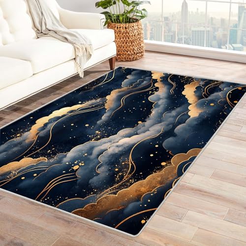 WIKEO Teppich Wohnzimmer Kurzflor Abstraktes Blumenmuster Modern Schlafzimmer rutschfest, Waschbar, Wohnzimmerteppich, Flauschig, Kuschelig, Hoch-Tief-Effekt(blau)-180x240cm von WIKEO