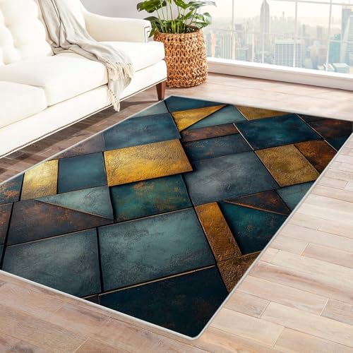 WIKEO Teppich Wohnzimmer Kurzflor Abstraktes geometrisches Muster Modern Schlafzimmer rutschfest, Waschbar, Wohnzimmerteppich, Flauschig, Kuschelig, Hoch-Tief-Effekt(Golden)-150x240cm von WIKEO