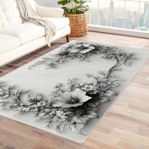 WIKEO Teppich Wohnzimmer Schlafzimmer Abstraktes weißes Blumenmuster Vintage Kurzflor Groß rutschfest Teppiche,Waschbar Weiche für Esszimmer Foyer Kinderzimmer Küche(schwarz)-150x240cm von WIKEO