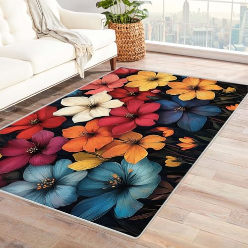 WIKEO Teppich Wohnzimmer Schlafzimmer Graffiti Schöne Blumen Vintage Kurzflor Groß rutschfest Teppiche,Waschbar Weiche für Esszimmer Foyer Kinderzimmer Küche(lila)-210x270cm von WIKEO