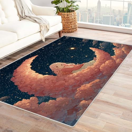 WIKEO Teppich Wohnzimmer Schlafzimmer Nacht Schönes Mädchen Mond Vintage Kurzflor Groß rutschfest Teppiche,Waschbar Weiche für Esszimmer Foyer Kinderzimmer Küche(Rosa)-210x300cm von WIKEO