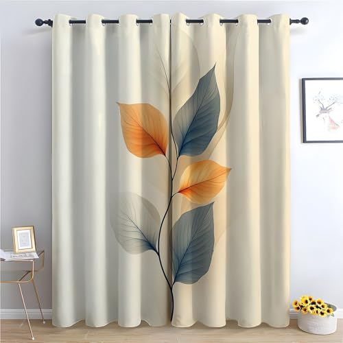 WIKEO Vintage Vorhänge Boho Stil Abstraktes Pflanzenblättermuster Blickdichte Thermo Vorhang Kälteschutz Blackout Curtain Mädchenzimmer Schlafzimmer Verdunkelung-H220 x B132 cm (2er Pack) von WIKEO