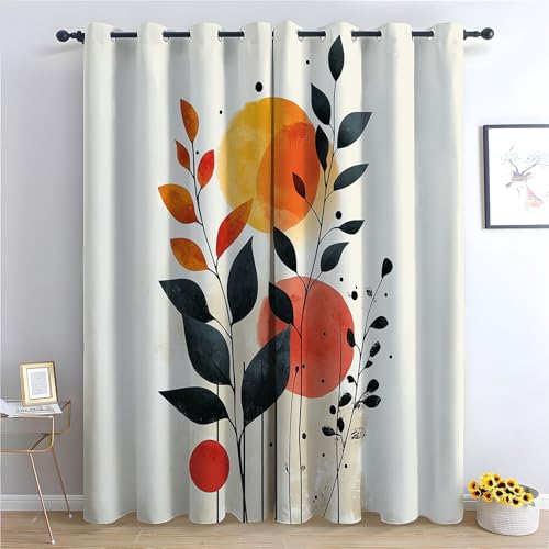 WIKEO Vintage Vorhänge Boho Stil Graffiti Pflanze Blatt Muster Blickdichte Thermo Vorhang Kälteschutz Blackout Curtain Mädchenzimmer Schlafzimmer Verdunkelung-H230 x B130 cm (2er Pack) von WIKEO
