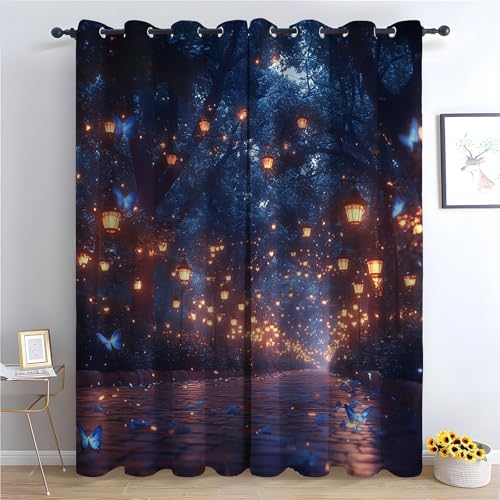 WIKEO Vintage & Blumen Vorhänge Nächtliche natürliche Baumlandschaft mit Ösen Blickdichte Gardinen Thermo Vorhang Blackout Curtain Schlafzimmer Wohnzimmer Weich 2er Set-H215 x B100 cm (2er Pack) von WIKEO