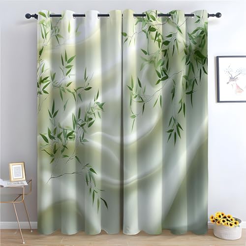 WIKEO Vintage & Blumen Vorhänge Natürliches grünes Blattmuster mit Ösen Blickdichte Gardinen Thermo Vorhang Blackout Curtain Schlafzimmer Wohnzimmer Weich 2er Set-H180 x B140 cm (2er Pack) von WIKEO