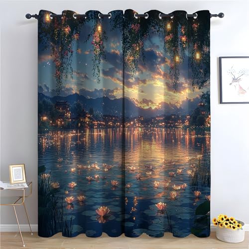 WIKEO Vorhang Blickdicht Vorhänge mit Ösen Schöne Bäume am See Gardinen Deko Ösenvorhang Dekoschal Dekogardinen für Schlafzimmer Wohnzimmer-H160 x B70 cm (2er Pack) von WIKEO