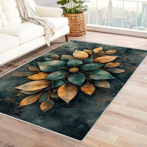 WIKEO Waschbarer Modern Teppich Wohnzimmer Abstrakte Retro Blumen Kurzflor weicher Bodenbelag fürs Esszimmer,Kinderzimmer, Schlafzimmer und die Küche geeignet(blau)-210x300cm von WIKEO