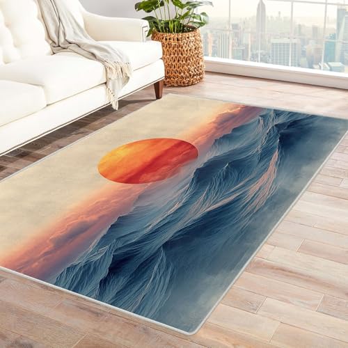 WIKEO Waschbarer Modern Teppich Wohnzimmer Abstrakter Sonnenuntergang am Meer Kurzflor weicher Bodenbelag fürs Esszimmer,Kinderzimmer, Schlafzimmer und die Küche geeignet(Beige)-210x300cm von WIKEO