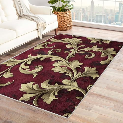 WIKEO Waschbarer Modern Teppich Wohnzimmer Abstraktes rotes Blumenmuster Kurzflor weicher Bodenbelag fürs Esszimmer,Kinderzimmer, Schlafzimmer und die Küche geeignet(Beige)-210x270cm von WIKEO