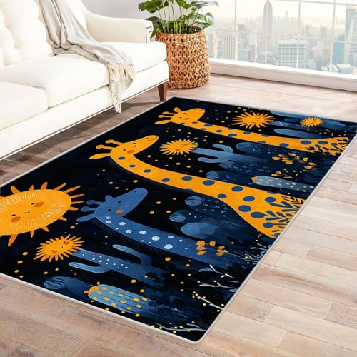 WIKEO Waschbarer Modern Teppich Wohnzimmer Niedliche Tiere und Blumen Kurzflor weicher Bodenbelag fürs Esszimmer,Kinderzimmer, Schlafzimmer und die Küche geeignet(Gelb)-240x300cm von WIKEO