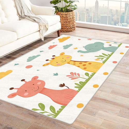 WIKEO Waschbarer Modern Teppich Wohnzimmer Niedliches Muster für Waldtiere Kurzflor weicher Bodenbelag fürs Esszimmer,Kinderzimmer, Schlafzimmer und die Küche geeignet(Gelb)-210x270cm von WIKEO