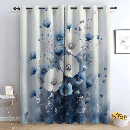 WIKEO Wohnzimmer Blumen Vorhänge Graffiti weiße Retro Blumen Sommer Ösen Gardinen mit Blickdichte Thermo Vorhang Kälteschutz Mädchenzimmer Verdunkelung Fenster-H230 x B130 cm (2er Pack) von WIKEO