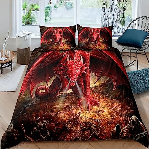 WIKINGER Bettwäsche 135x200 cm 4teilig Jungen 100% Mikrofaser Sommer Weiche Winter Warm Kinder Bettbezüge mit Reißverschluss 3D Drachen Bettbezug mit 2 Kissenbezüge 80x80 cm von WIKINGER