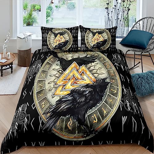 WIKINGER Bettwäsche 135x200 cm 4teilig Jungen 100% Mikrofaser Sommer Weiche Winter Warm Kinder Bettbezüge mit Reißverschluss 3D Viking Krähe Bettbezug mit 2 Kissenbezüge 80x80 cm von WIKINGER