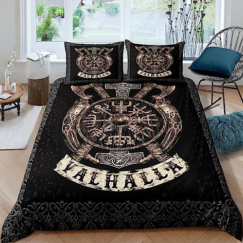 WIKINGER Bettwäsche 135x200 cm 4teilig Jungen 100% Mikrofaser Sommer Weiche Winter Warm Kinder Bettbezüge mit Reißverschluss 3D Vintage Viking Bettbezug mit 2 Kissenbezüge 80x80 cm von WIKINGER