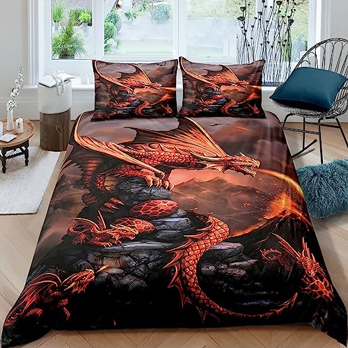 WIKINGER Bettwäsche Drachen 135x200 cm 2teilig Jungen 100% Mikrofaser Sommer Weiche Winter Warm Kinder Bettbezüge mit Reißverschluss 3D Viking Drache Bettbezug mit Kissenbezüge 80x80 cm von WIKINGER